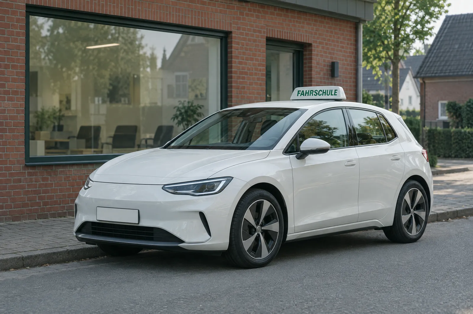 KI-generiertes Beispiel: weißes Elektroauto mit Fahrschul-Dachschild vor dem Büro.