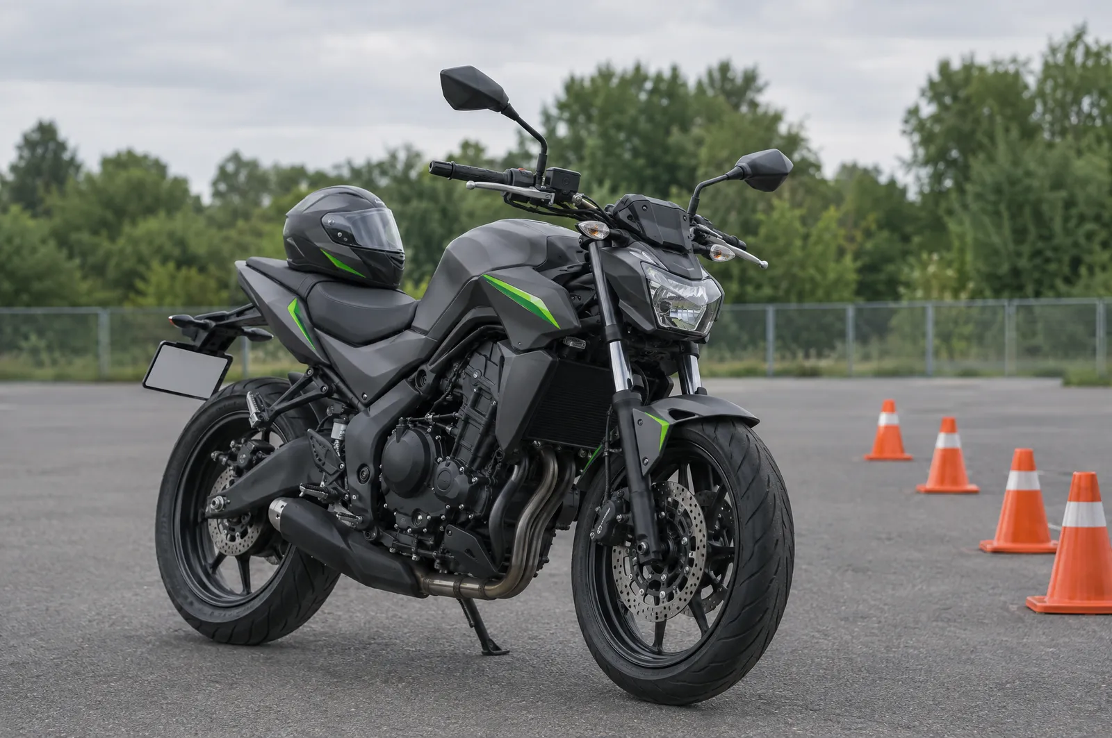 KI-generiertes Beispiel: dunkles Motorrad mit Helm auf dem Übungsplatz.
